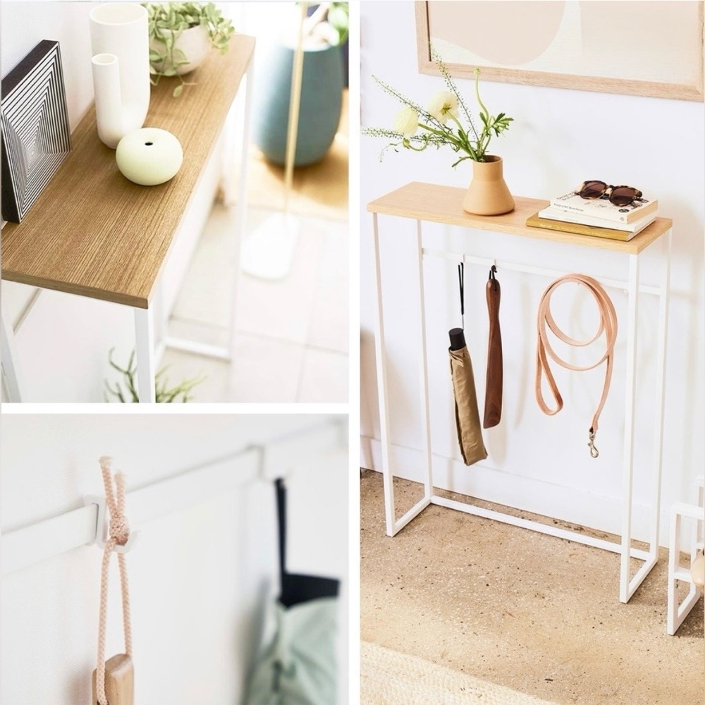 Yamazaki Entryway Console Table in White Frame with Light Wood Top